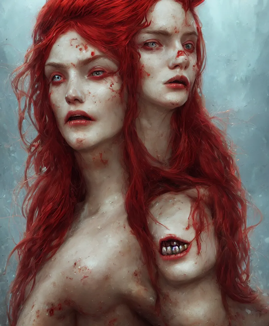Prompt: Hyperrealistic close-up portrait of zombie mermaid young woman with red hair, alone, D&D, fantasy, intricate, elegant, highly detailed, digital painting, trending artstation, concept art, smooth, sharp focus, illustration, art by Greg Rutkowski