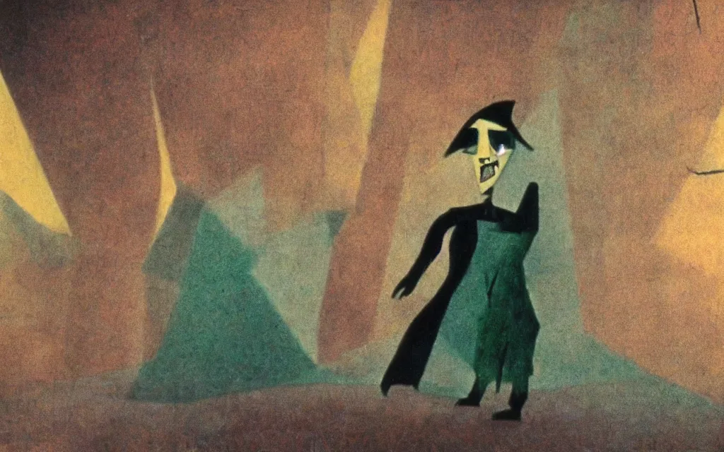 Prompt: high quality high definition colorized movie still from The Cabinet of Doctor Caligari: a lonely ghost walking alone at night in the woods, high quality silent movie, iridescent color palette