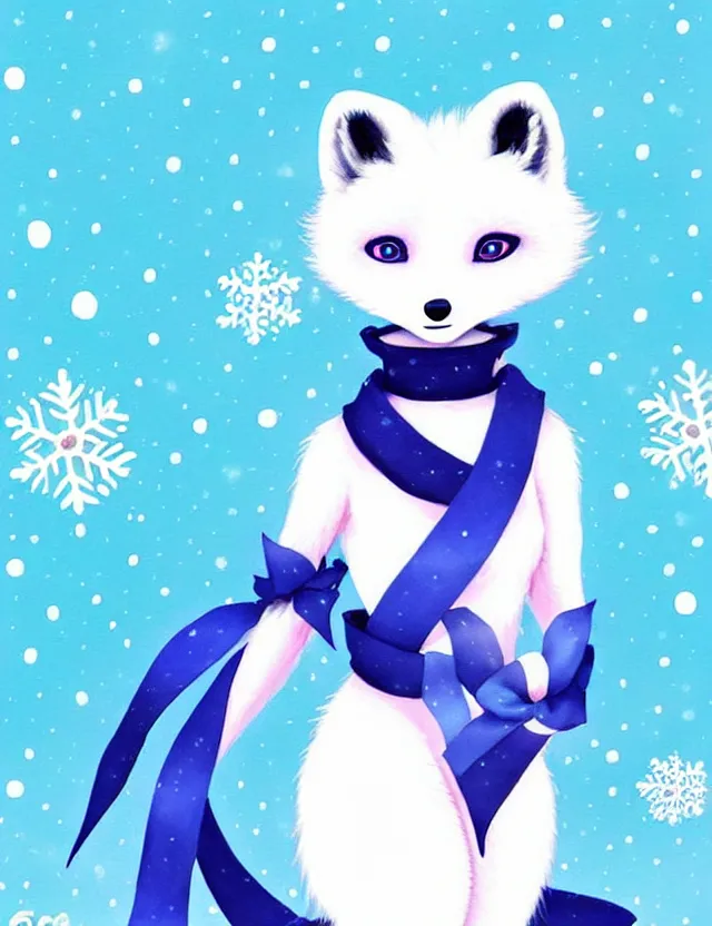 Prompt: a cute anthropomorphic arctic fox girl anthro wearing an indigo ribbon, winter park background, very anime!!! kawaii!! furry!! intricate details, aesthetically complementary colors, scenic background, art by rising artists with a radically new style. trending on artstation, top rated on pixiv and furaffinity