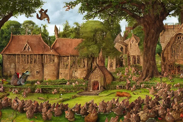 Image similar to an elaborate and dense painting of redwall abbey in mossflower wood with lots of medieval anthropomorphic mice and rabbits and otters, detailed by brian jacques and greg rutowski