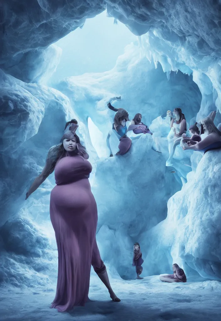Prompt: epic pregnant woman talking to all her tribe with fluorescence bodies, proud people gather around the pregnant woman, ice cave, facinating, fantasy digital art, octane render, beautiful composition, trending on artstation, award - winning photograph, masterpiece