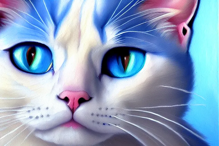 Image similar to an epic professional oil painting of a white cat with blue eyes, epic, stunning, gorgeous, intricate detail, much wow, 4K, masterpiece,