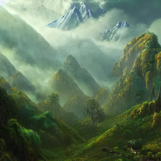 Image similar to a beautiful and highly detailed digital art of nepal in science fiction movie, detailed high buildings and rockets, forgotten valley, swirling mist, lush forests, intricate details, epic scale, insanely complex, 8 k, sharp focus, hyper realism, fantasy landscape, psychedelic, by caspar friedrich,