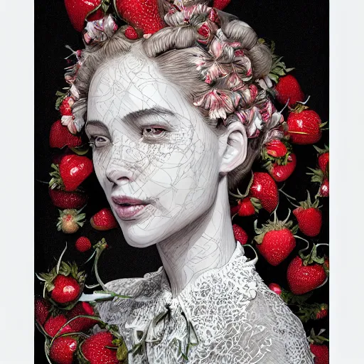 Image similar to the portrait of an absurdly beautiful, graceful, elegant, sophisticated, fashionable woman made of strawberries and white petals looking down, an ultrafine hyperdetailed illustration by kim jung gi, irakli nadar, intricate linework, bright colors, octopath traveler, final fantasy, unreal engine 5 highly rendered, global illumination, radiant light, detailed and intricate environment