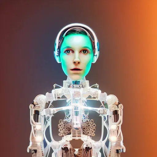 Image similar to beautiful centered Fine art photo portrait of enraptured Millie Bobby Brown as a solarpunk robotic humanoid, white mechanical parts with led lights, photorealistic, white background, highly detailed and intricate, sunset lighting, HDR 8k