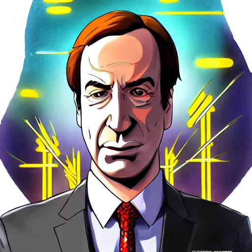 Image similar to portrait of saul goodman as the master of the electricity element, anime fantasy illustration by tomoyuki yamasaki, kyoto studio, madhouse, ufotable, trending on artstation