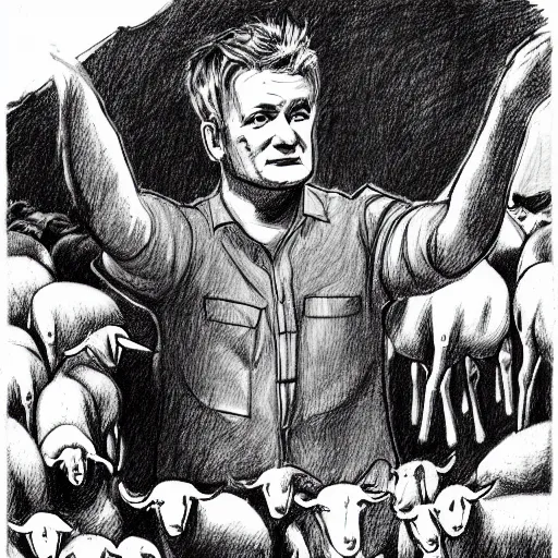 Prompt: gordon ramsey standing over lambs, gordon ramsey apologizing to the lambs, by kati horna and mœbius, pencil sketch, storybook illustration victorian shoal bean juniper, by ruta kenny and vincent di fate, black velvet