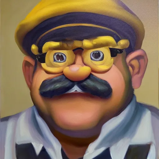 Image similar to Still oil painting of Wario. 8k. Trending. Good lighting.