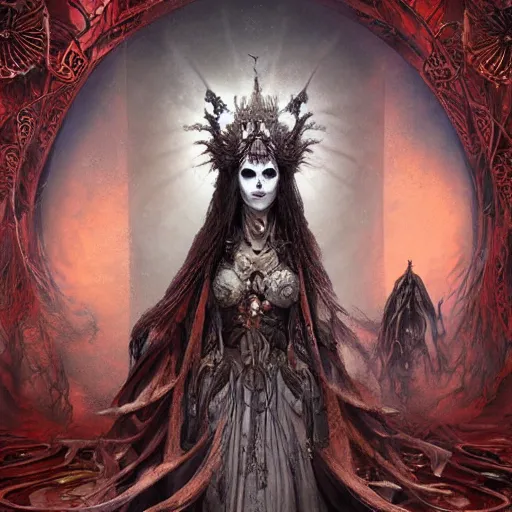 Image similar to a beautiful detailed 3d matte painting of female empress of the dead, by ellen jewett, tomasz alen kopera and Justin Gerard, symmetrical features, ominous, magical realism, texture, intricate, ornate, royally decorated, skull, skeleton, whirling smoke, embers, red adornements, red torn fabric, radiant colors, fantasy, trending on artstation, volumetric lighting, micro details, 3d sculpture, ray tracing, 8k