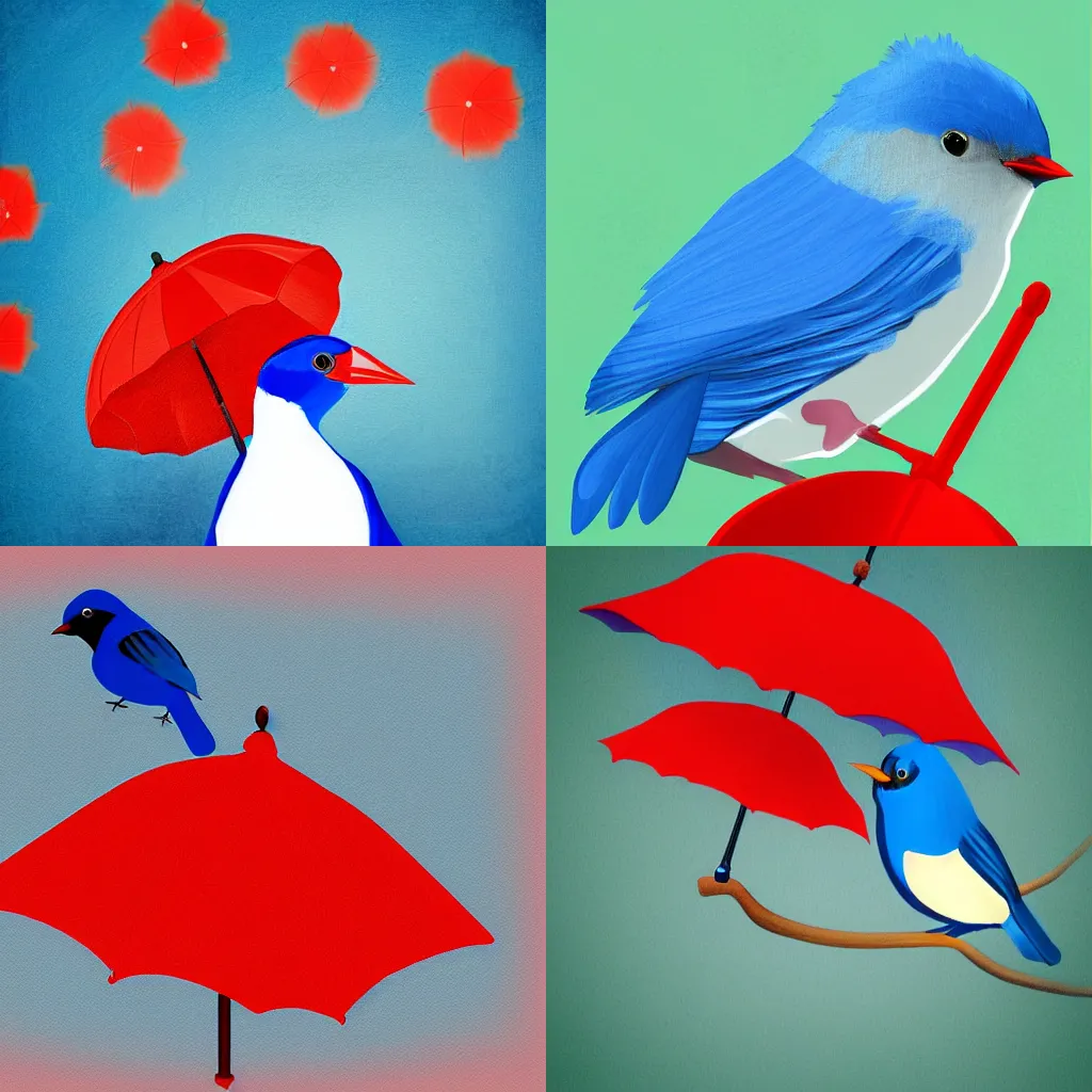 Prompt: a digital painting of a blue bird using a red umbrella, storybook illustation