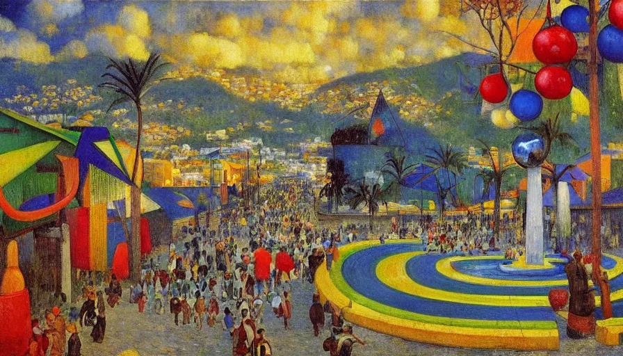 Prompt: a 1 9 9 8 brazilian rio de janeiro town designed by jules bastien - lepage, tarsila do amaral, frank weston and gustave baumann, trending on artstation, mediterranean, star sparkle, fruits and animals, sharp focus, colorful refracted sparkles and lines, soft light, 8 k 4 k