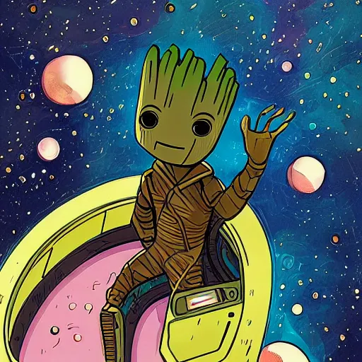 Prompt: baby groot lies flat in the space ship, by victo ngai