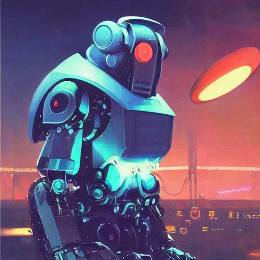 Prompt: a dark and colorful close - up of a sci - fi mecha walrus robot with led lights glowing fog in the background. highly detailed science fiction painting by norman rockwell, frank frazetta, and syd mead. rich colors, high contrast, gloomy atmosphere, dark background. trending on artstation