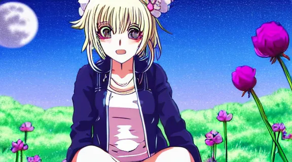 Image similar to Lucy Heartfilia sitting in a field of Ghibli Clover | Big Moon at Night | GLOWING FLOWERS | strong blue rimlit | visual-key | anime illustration | highly detailed | in the style of Anmi