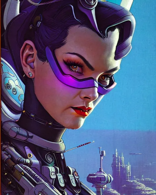 Image similar to widowmaker from overwatch, character portrait, portrait, close up, concept art, intricate details, highly detailed, vintage sci - fi poster, retro future, in the style of chris foss, rodger dean, moebius, michael whelan, and gustave dore