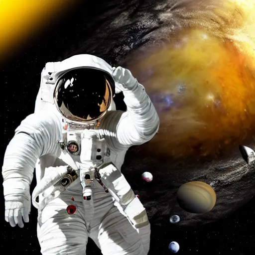 Image similar to astronaut in space, galactic background reflections on suit on one side and a yellow planet on the other side