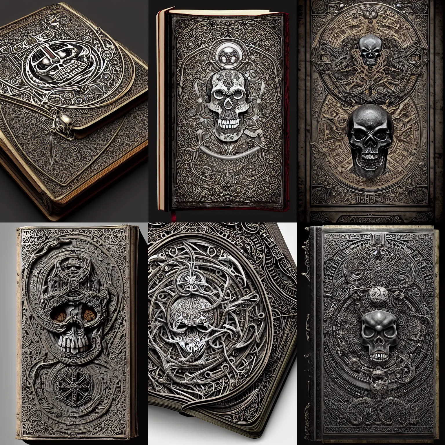 Prompt: an ancient ornate intricate old tome spell book with the kaiju head symbol of a skull emblazoned on the cover, cinematic, realistic, intricate detail, finely detailed, small details, extra detail, photorealistic, high resolution, 3D, PBR, path tracing, volumetric lighting, octane render, arnold render, 8k