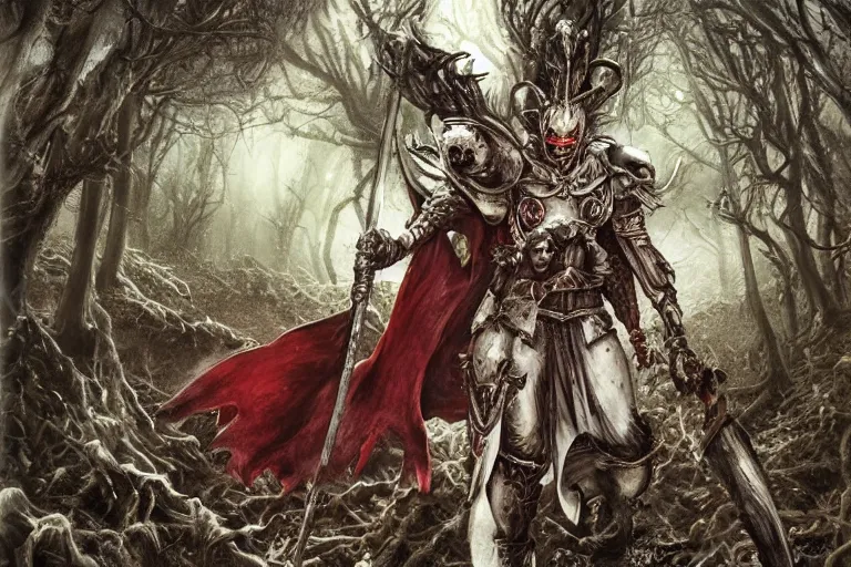 Prompt: dark hero character design, a white mouse knight with a halberd, Ashioka dracula armor red, brian froud and HR Giger styling, in an elaborately detailed forest of brambles, shadows watch from the background, dramatic cinematic lighting and haze