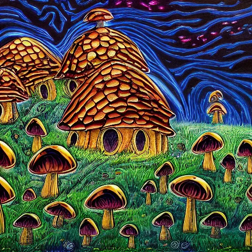 Image similar to mushroom houses spiraling into infinity, abomination, oil painting, highly detailed, 4 k