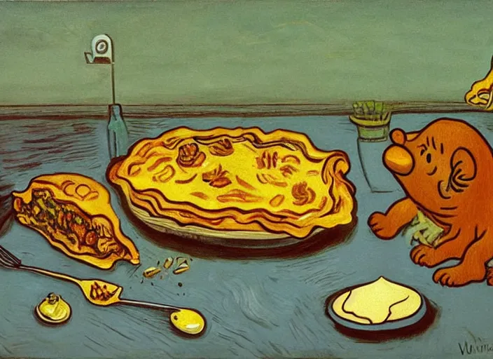 Image similar to surrealist painting of garfield eating lasagna at dusk, in the style of vincent van gogh and salvador dali and wayne barlowe
