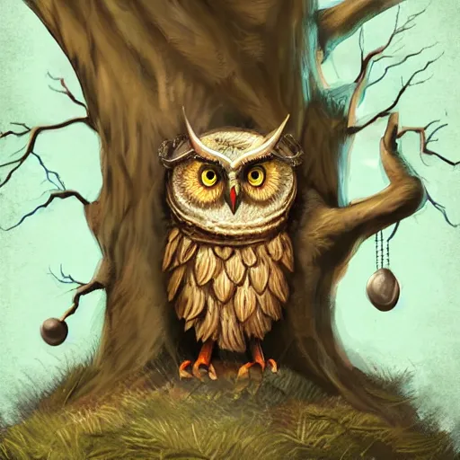 Image similar to A detailed, highly realistic anthropomorphic owl with a viking helmet, green shirt and round shield standing in front of a tree, an anthropomorphic owl with a fluffy face wearing armor in front of a tree, digital art, ArtStation, Commission