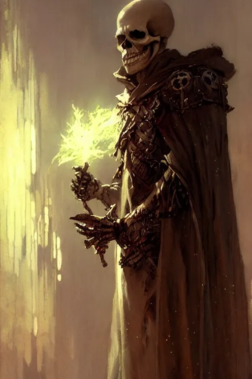Image similar to friendly skeleton in a long cloak holding several potions portrait dnd, painting by gaston bussiere, craig mullins, greg rutkowski, yoji shinkawa