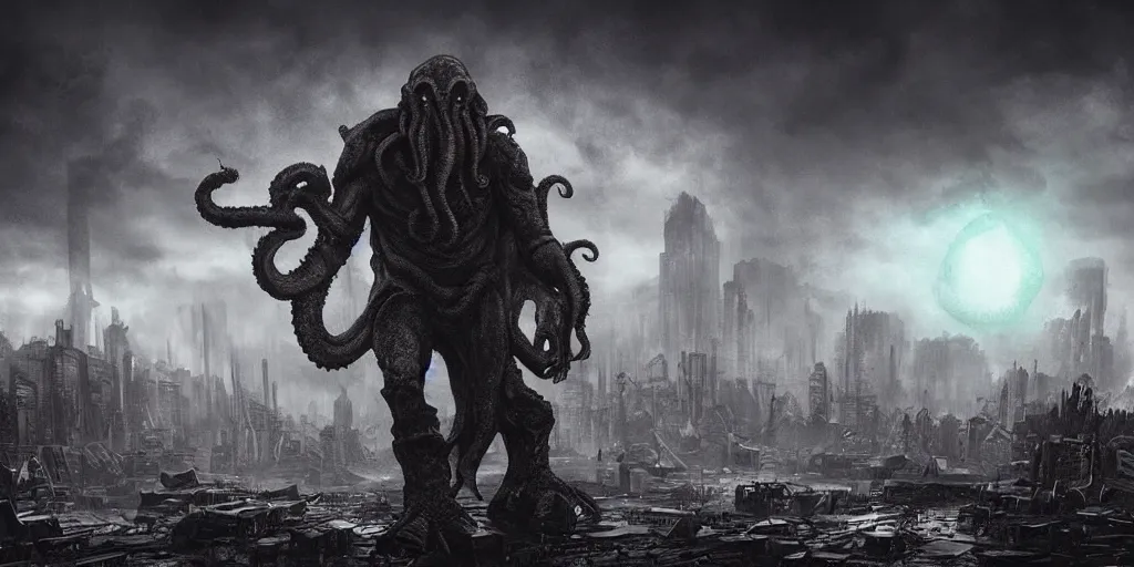 Image similar to cthulhu destroying a post apocalyptic city, dark, trending on artstation, digital art, fog, sun flare, rain