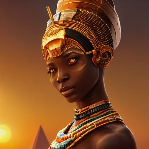 Image similar to highly detailed portrait of an african egyptian goddess, intricate alien technology, stephen bliss, unreal engine, fantasy art by greg rutkowski, loish, rhads, ferdinand knab, makoto shinkai and lois van baarle, ilya kuvshinov, rossdraws, tom bagshaw, global illumination, radiant light, detailed and intricate environment