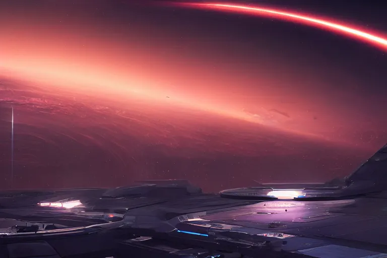 Prompt: a distant futuristic military installation, on the horizon, sleek, menacing, glowing lighting and neon signs, Raymond Swanland and Jessica Rossier nebula like clouds in space background near a ringed gas giant, hyper detailed hyper detailed, 8k, ultra realistic, cinematic lighting, ultra wide 35mm lens, Boeing Concept Art, Lockheed concept art