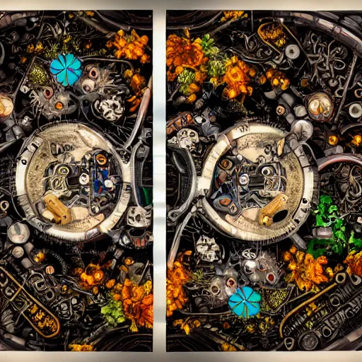 Image similar to a beautiful intricate fine art portrait photo of a mechanical industrial steampunk cybernetic yin yang symbol, overgrown with colorful flowers and leaves by zach sutton, golden ratio composition, studio lighting, 50mm lens, very detailed, bionic, cybernetic scifi, deep depth of field, artstation, 8K, highly coherent