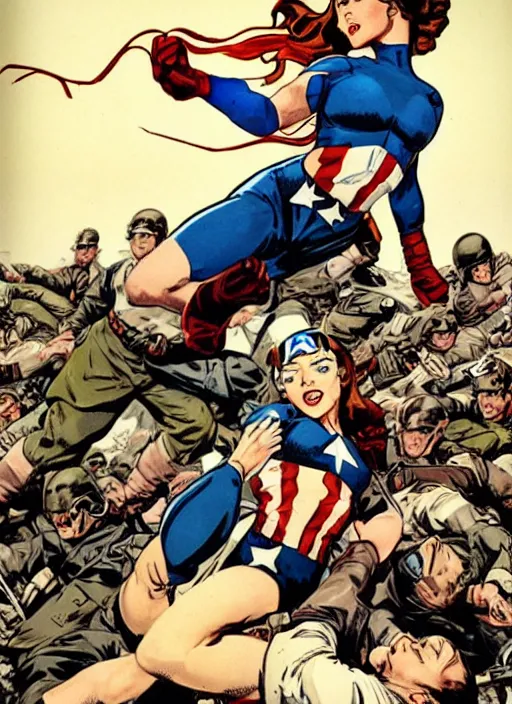 Image similar to beautiful female captain america standing on a pile of defeated german soldiers. feminist captain america wins wwii. american wwii propaganda poster by james gurney. anime. gorgeous face.