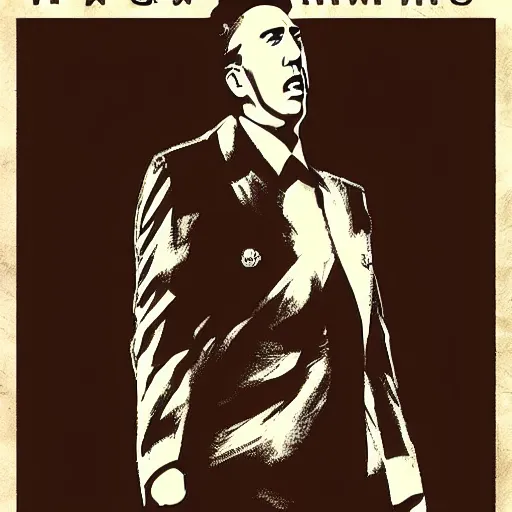 Prompt: nic cage as a poster for a fascist dictatorship, stylized propaganda poster,