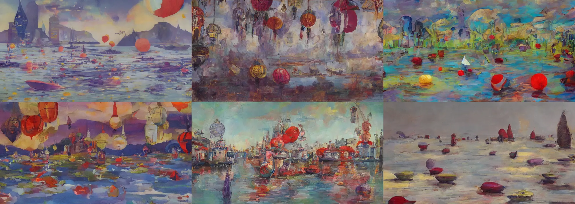 Prompt: absurdist chunky oil paint retro futuristic boats on river big pears floating on water hills in background asian lanterns purple and red hues, surrealism