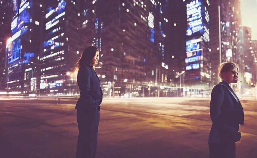 Image similar to a wide shot of a woman with a wool suit, blurred face, wearing an omega speedmaster on her wrist in front of a crowded dystopian city at night with cyberpunk lights