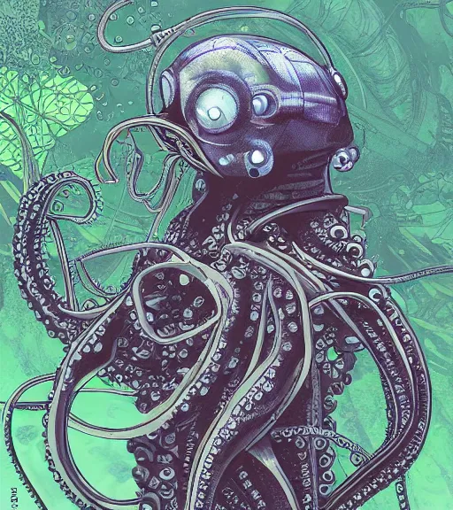 Image similar to a cybernetic octopus in an underwater garden, techwear, marine biologist fieldwork, detailed illustration, character portrait