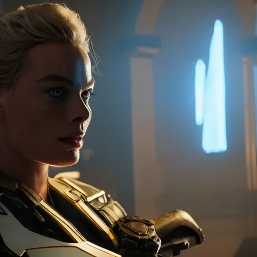 Prompt: action shots of Margot Robbie as mercy from over watch, alternate angle, imax, 4K, cinematic, volumetric