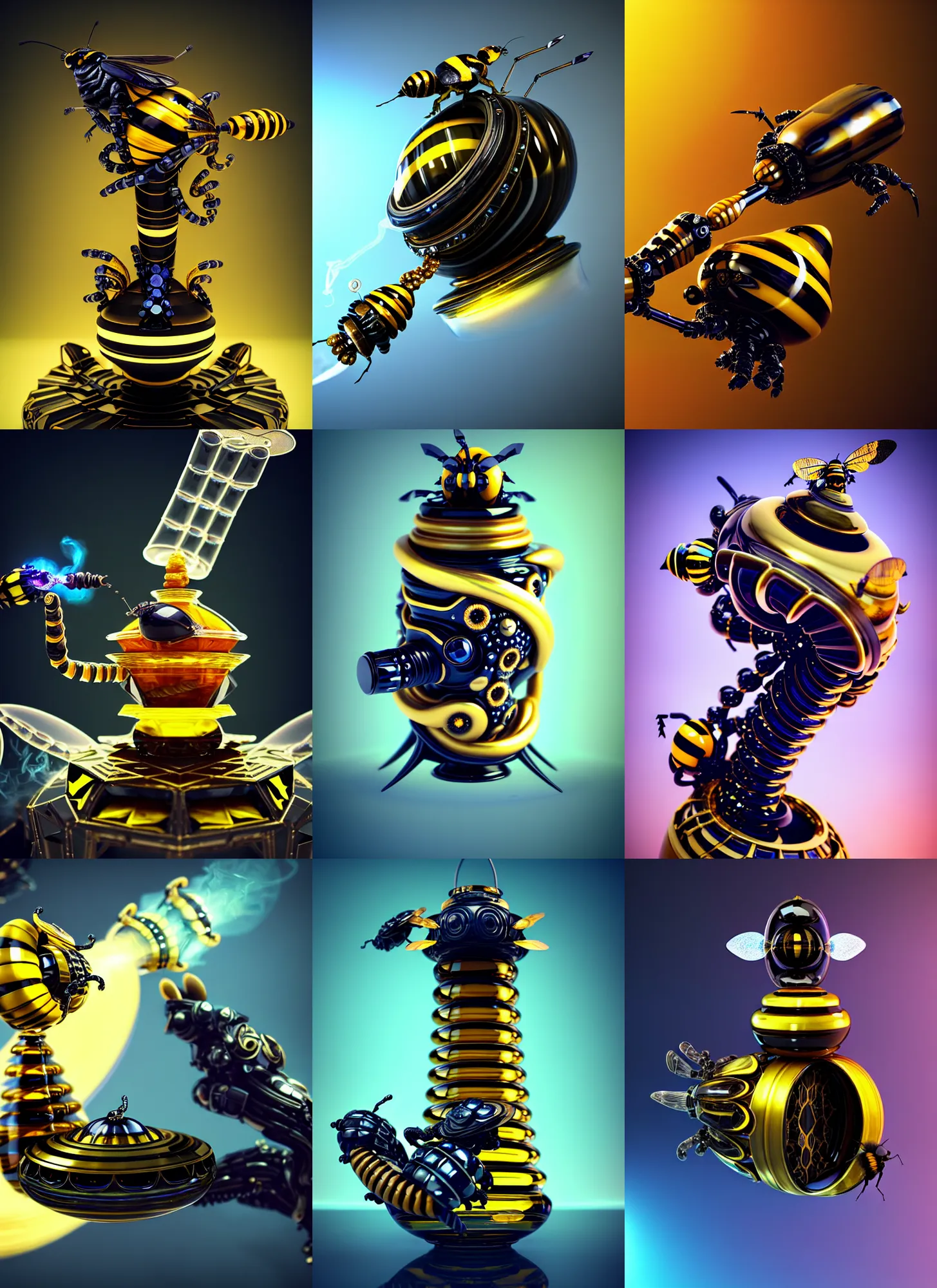 Prompt: obsidian helix spaceship bumblebee edm cyborg smoking elaborate honey bong | ornate jewelry | glamorous oily soft polished rich enticing ornate modern | weta disney pixar movie still photo | hi - fructose, sci fi fantasy, golden ratio details, smooth, octane render, sharp focus, artstation, concept art | beeple, feng zhu, mucha, rutkowski |