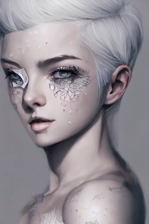 Image similar to teen girl, few speckle skin, tatoo, white hair, gorgeous, amazing, elegant, intricate, highly detailed, digital painting, artstation, concept art, sharp focus, illustration, art by Ross tran and kuvshinov