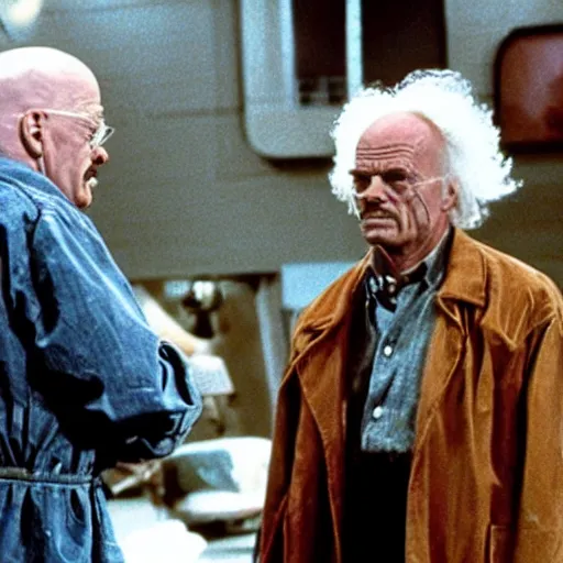 Prompt: still of walter white meeting dr. emmett brown scene, from back to the future ( 1 9 8 2 )