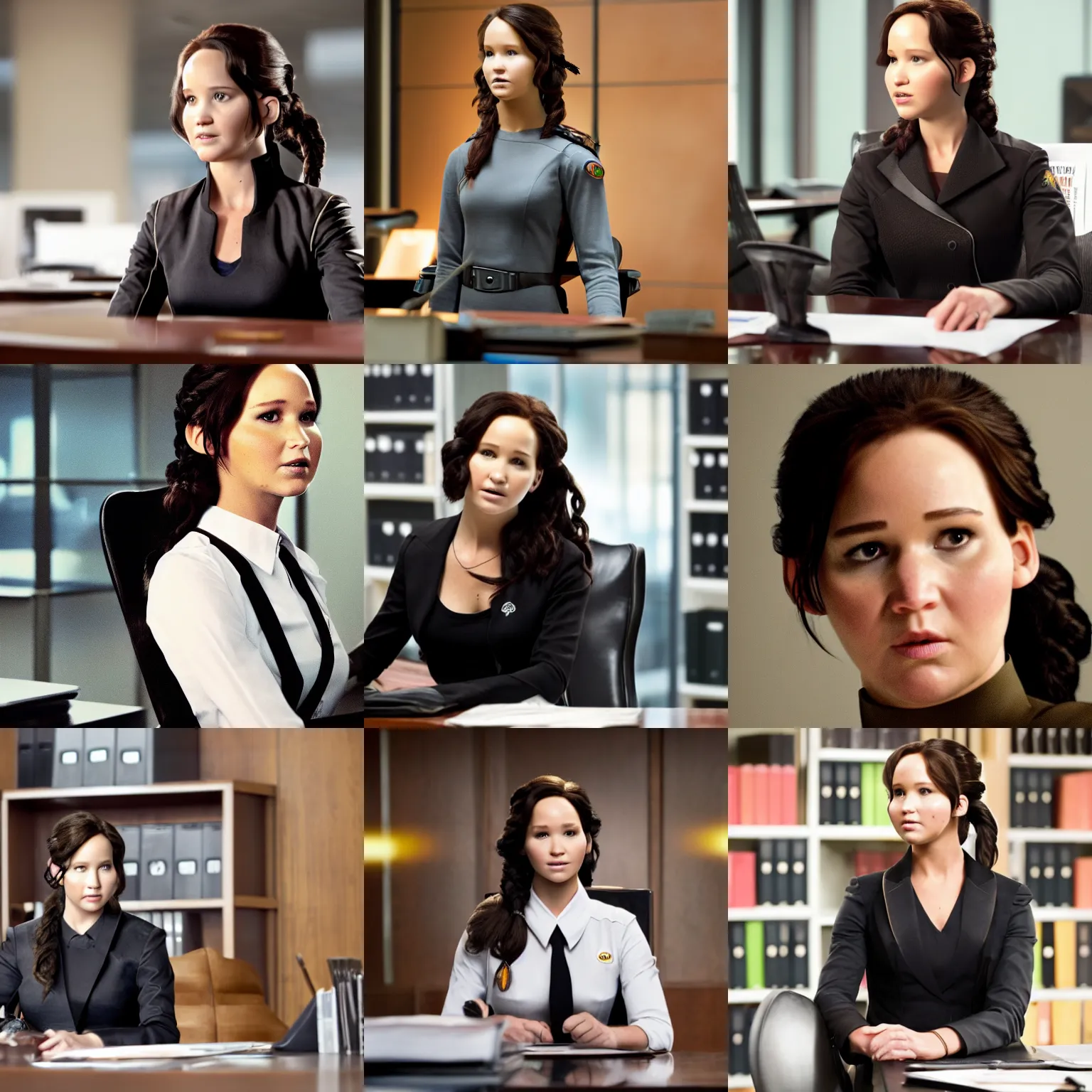 Prompt: stock photo of katniss everdeen as a businesswoman, in an office