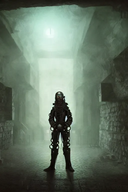 Prompt: matte painting full body portrait of a human explorer steampunk cyborg wandering the dark corridors of a wet underground dungeon in lovecraft style