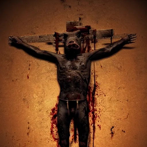 Image similar to a highly detailed realistic photographic render crucified bloody humanoid pig, bloody christ with the head of a pig, dead souls, religious sculpture, creepy, cinematic lighting, cinematic scene, Volumetric lighting, Atmospheric scene, Dark, Horror, Atmospheric lighting, Global illumination, realistic, photo realism, hyper realistic, hyper realism, photo realisitc, cinematic render, film, beautifully lit, ray traced, octane 3D render, octane render, unreal engine