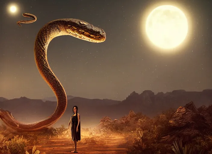 Image similar to giant snake god, low shot, giant fangs, desert, moonlight, art by artgerm and greg rutkowski, cinematic shot, intricate, photorealistic, artstation, realistic, 1 0 0 mm, photography, octane, high definition, depth of field, bokeh, 8 k