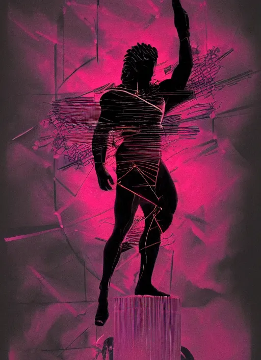 Image similar to elegant dark design poster showing a dynamic statue of achilles, black background with very subtle red and purple design elements, bold, powerful, nekro, vito acconci, thin straight purple lines, dark, glitch art, neo vaporwave, gritty, layout frame, square, trending on artstation