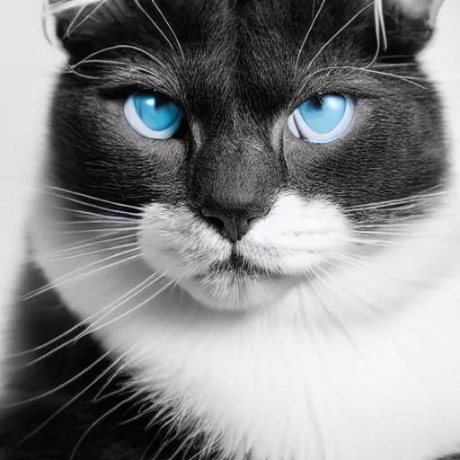 Image similar to fluffy black and white cat portrait, white cheeks, aesthetic highly detailed soft fur and paws, professionally shot photorealistic 8k photograph, 35mm Canon EOS R3, rendered in octane, by Natalie Große and Jason Allison