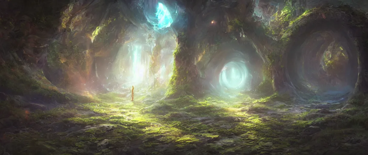Prompt: Magical portals to other worlds, fantasy magic, oil painting, digital art, illustration, wide angle, fine details, cinematic, volumetric light, ray traced, highly detailed, 4k, concept art