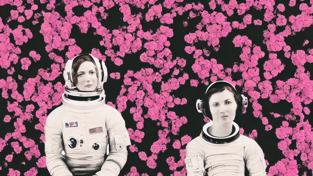 Image similar to a vintage photograph of a female astronaut standing on a bed of black and pink flowers, photorealistic, + muted colors