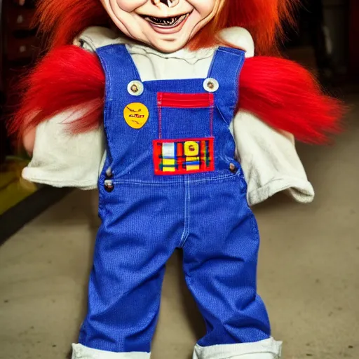 Image similar to Chucky the red head evil doll wearing blue overalls and a rainbow stripped shirt