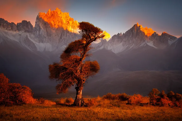 Image similar to A beautiful landscape photography of Ciucas mountains mountains, a dead intricate tree in the foreground, sunset, dramatic lighting by Marc Adamus,