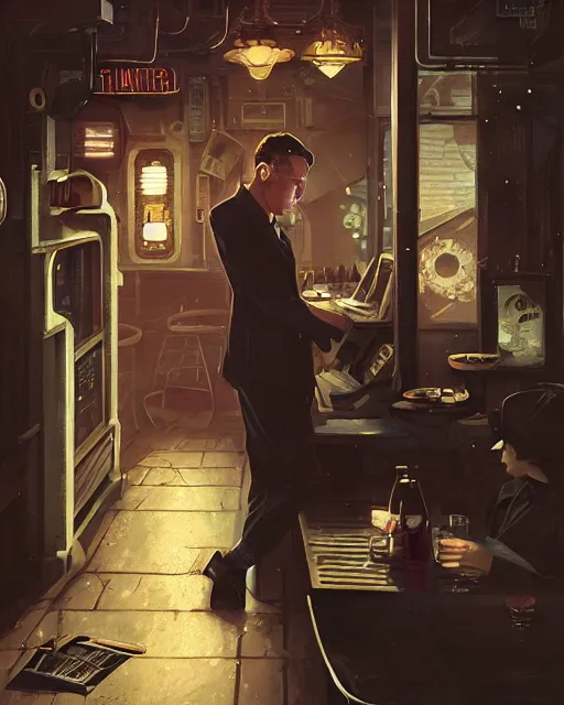 Prompt: young Frank Sinatra as a poor 1950s bartender, dystopia, 1980s Soviet Russia, steampunk, cyberpunk Stephen Bliss, unreal engine, fantasy art by Greg Rutkowski, Loish, Rhads, Makoto Shinkai and Lois van baarle, ilya kuvshinov, rossdraws global illumination, radiant light, detailed and intricate environment